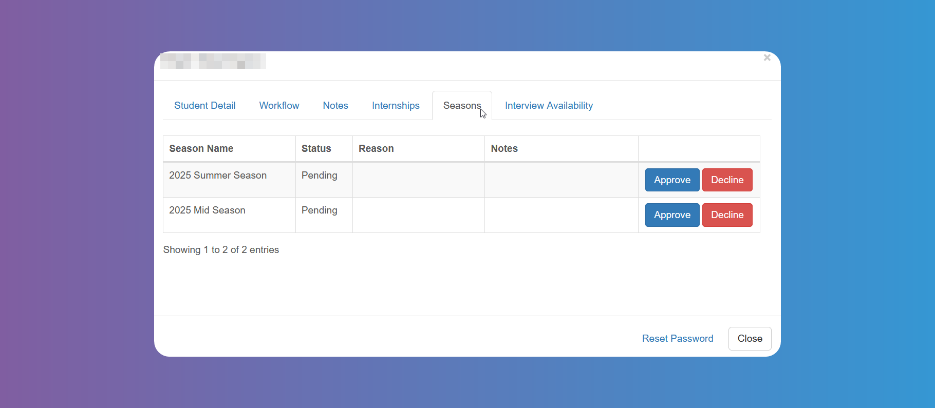 Students Seasons Tab